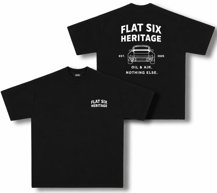 Black Flat Six Heritage shirt, front and back